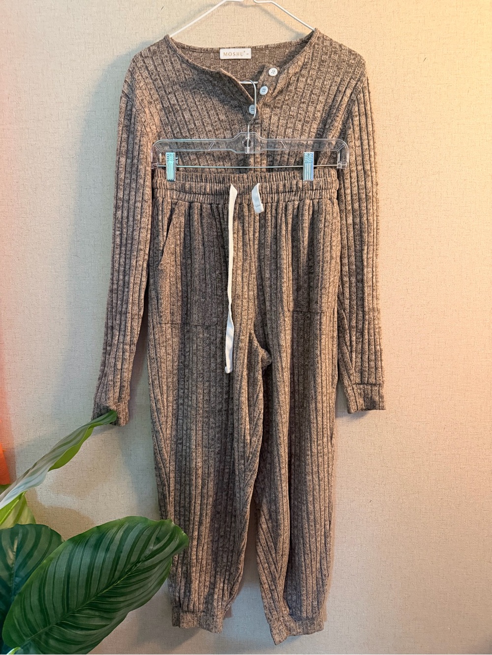 MOSHU Ribbed Knit 2-Piece Lounge Set - Henley Top & Joggers